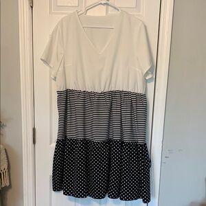 White and Black Striped Polka Dot Dress